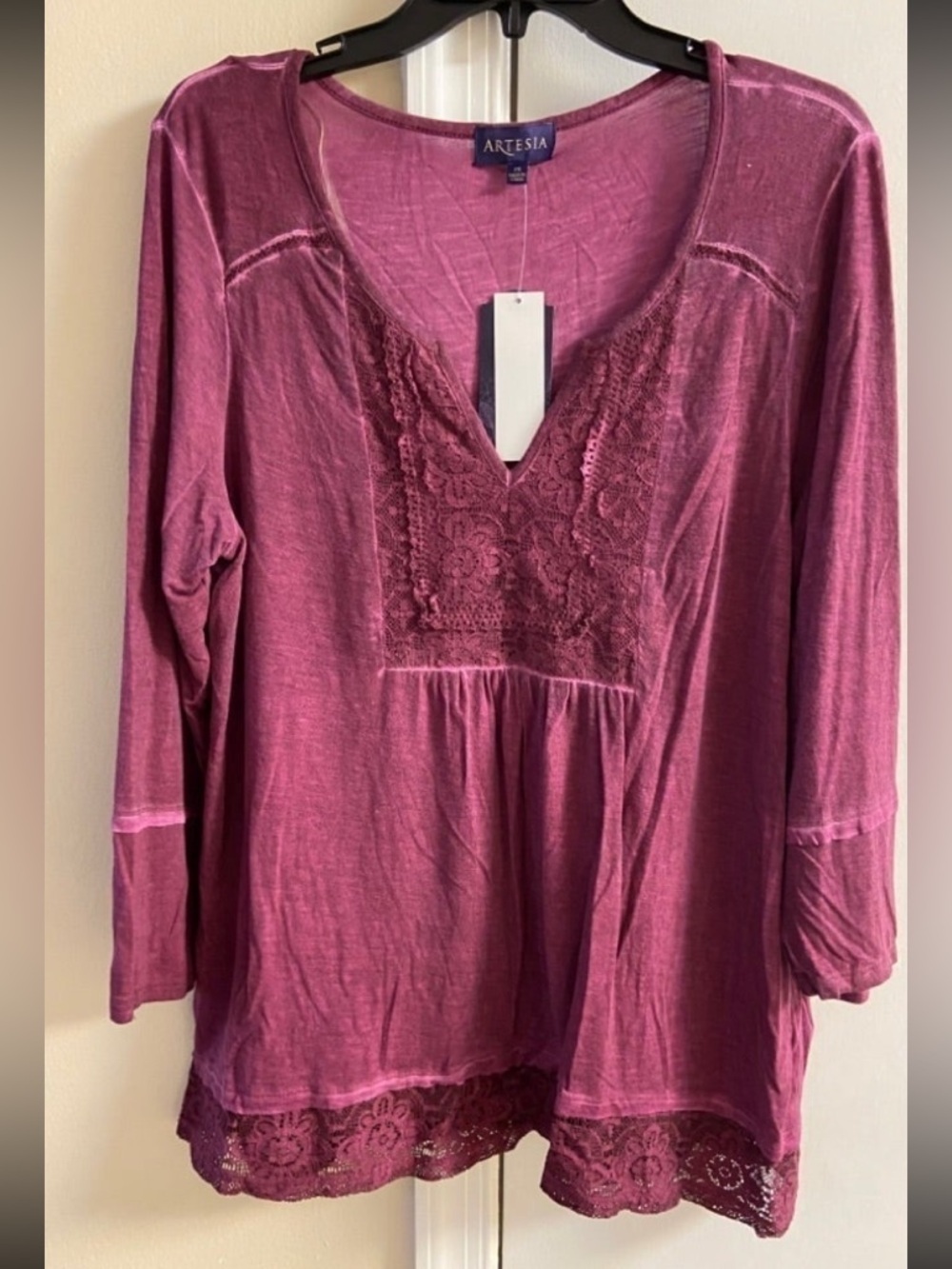 Artesia Lace-Trim V-Neck Long Sleeve Tunic in Plum Medium NWT
